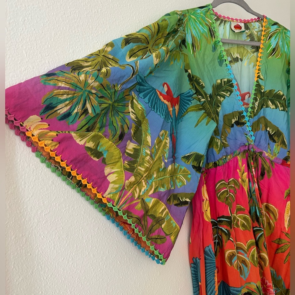 Farm Rio rainbow tropical maxi dress XL tiered skirt drawstring waist w/ tassels